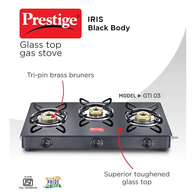 Prestige IRIS Toughened Glass-Top 3 Brass Burner LPG Gas Stove | Black Spill Proof Design | Ergonomic Knob | Tri-Pin Burners |Open - Image 2