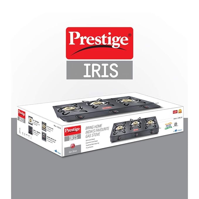 Prestige IRIS Toughened Glass-Top 3 Brass Burner LPG Gas Stove | Black Spill Proof Design | Ergonomic Knob | Tri-Pin Burners |Open - Image 5