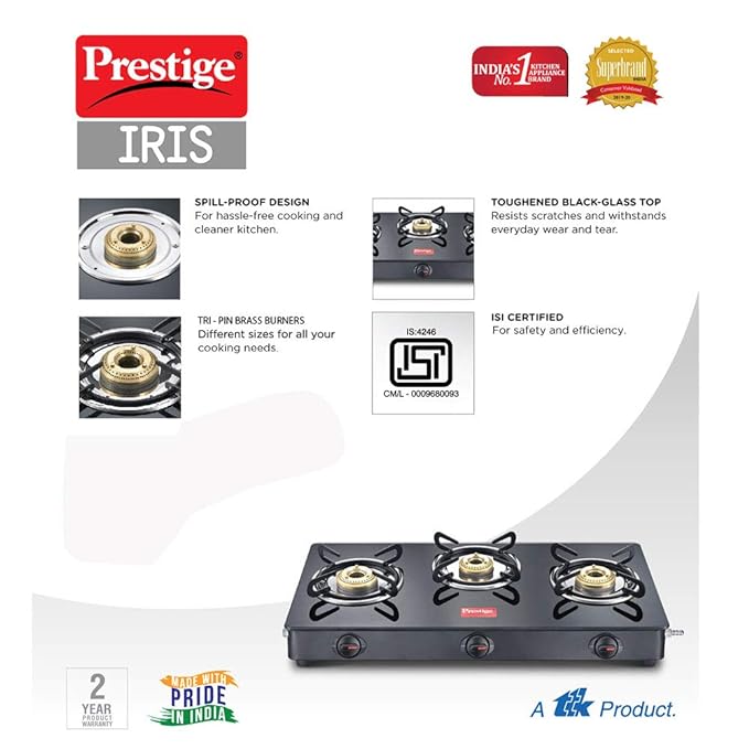 Prestige IRIS Toughened Glass-Top 3 Brass Burner LPG Gas Stove | Black Spill Proof Design | Ergonomic Knob | Tri-Pin Burners |Open - Image 4