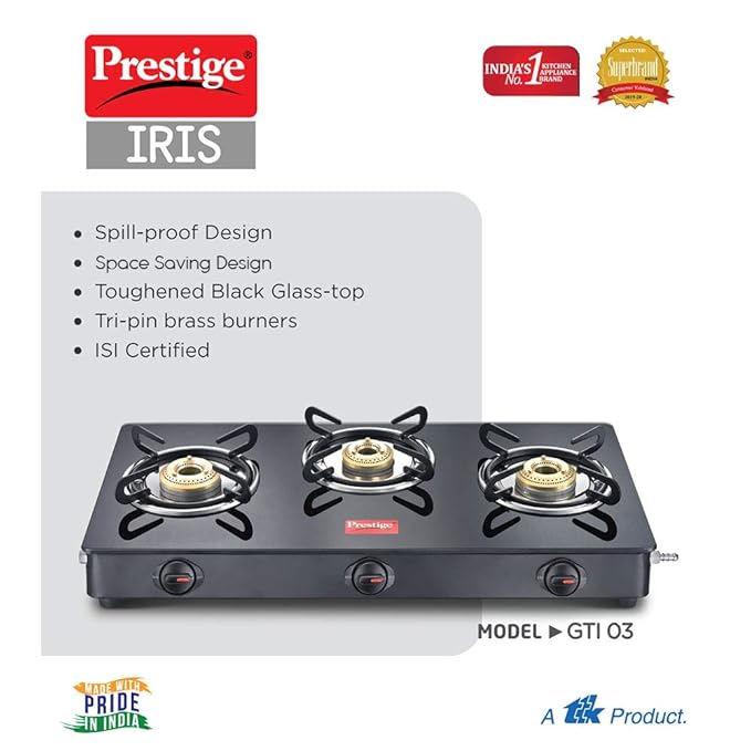 Prestige IRIS Toughened Glass-Top 3 Brass Burner LPG Gas Stove | Black Spill Proof Design | Ergonomic Knob | Tri-Pin Burners |Open - Image 3