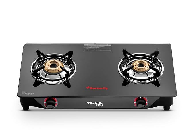 Butterfly Smart 2 Burner Glass Top Gas Stove | Manual Ignition | Scratch Resistant Toughened Glass | Brass Burners | Skid-proof Legs | 1 Year Manufacturer's Warranty | Black - Image 3