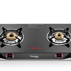 Butterfly Smart 2 Burner Glass Top Gas Stove | Manual Ignition | Scratch Resistant Toughened Glass | Brass Burners | Skid-proof Legs | 1 Year Manufacturer's Warranty | Black